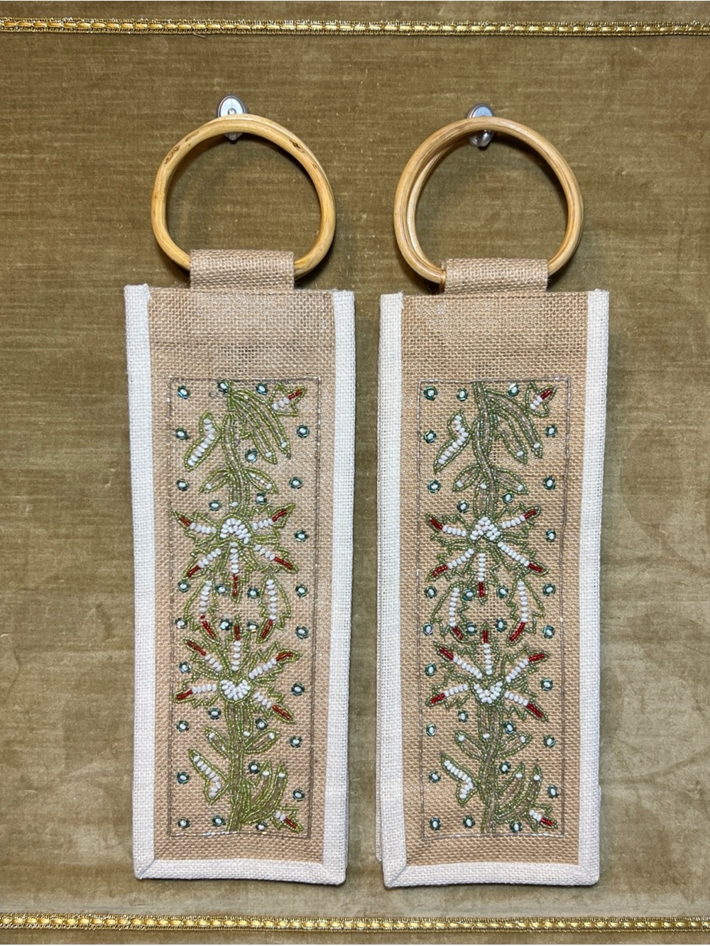 Vintage Beaded Wine Gift Bag Reusable Jute/Burlap Wooden Handles Pair 18”